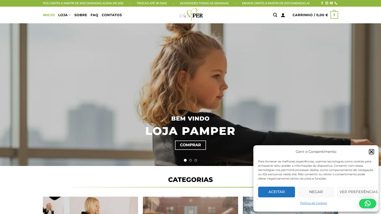 Página inicial da loja online Pamper
